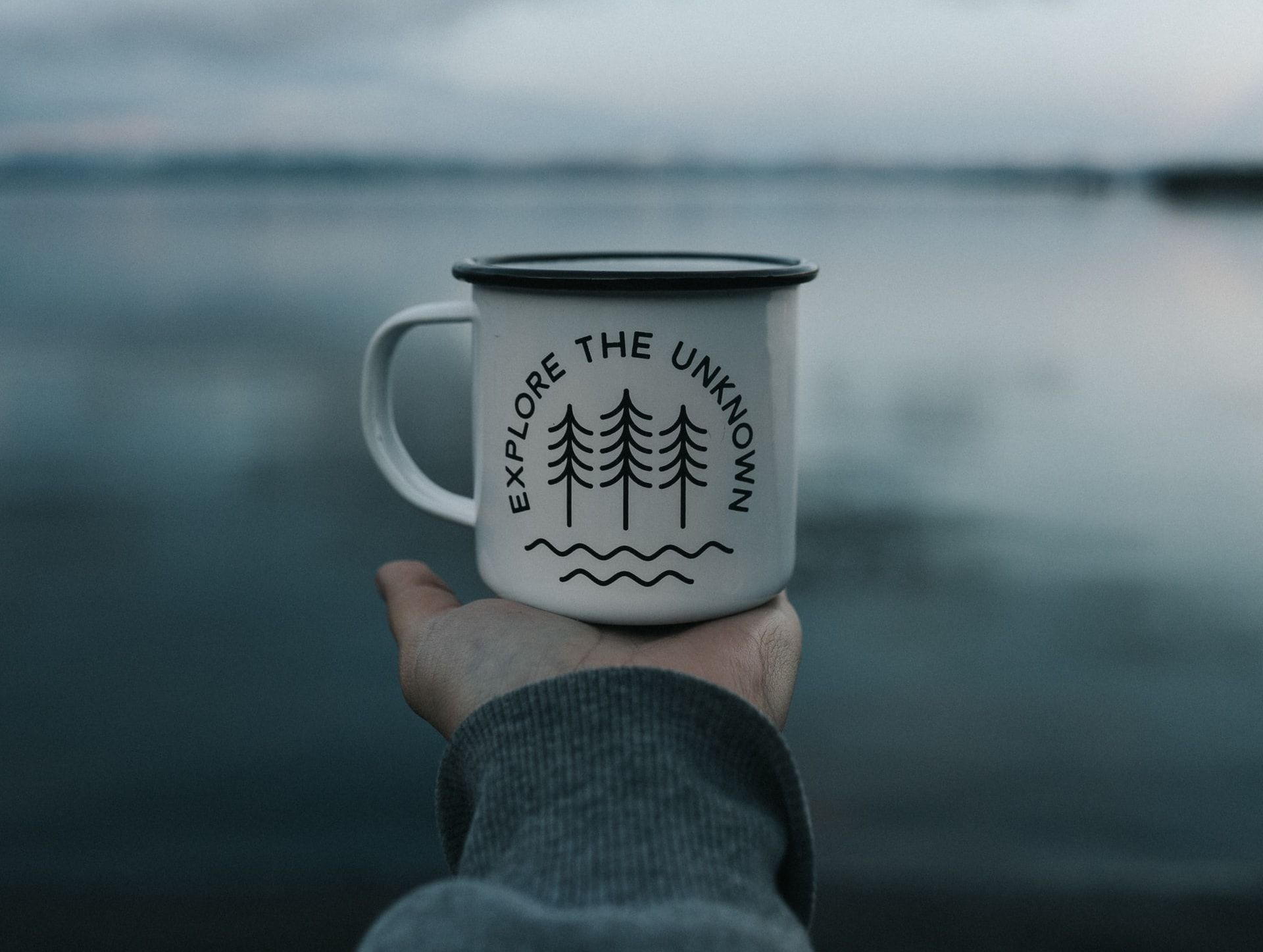 mug with a lake in the background